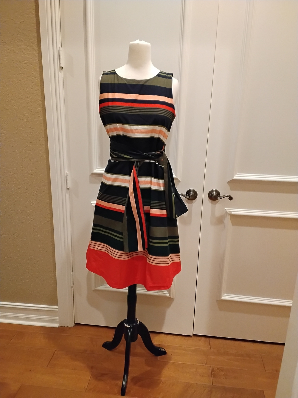 Ann Taylor Factory Striped Sleeveless Midi Dress in Olive, Navy & Coral